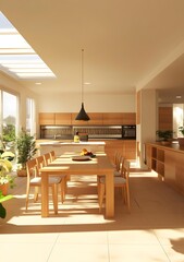 Modern Kitchen Design with Wooden Cabinets and Skylight