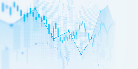 Business financial chart with uptrend line graph and world map on blue color background