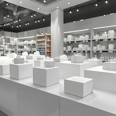 White Gift Boxes Displayed on White Platforms in a Minimalist Shop