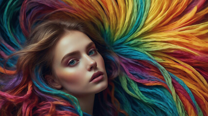 Naklejka premium A mesmerizing and ethereal close-up portrait of a 25-year-old woman, composed entirely of swirling, vibrant colors. 