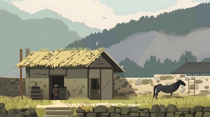 Countryside Landscape With a Small Stone House