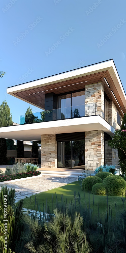 Wall mural Modern House Exterior Design With Stone And Wood