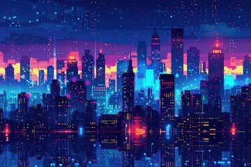 Obraz premium A vibrant digital art cityscape with glowing neon lights and a pixelated aesthetic.