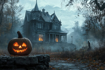 Jack-o-latern with haunted house, good for background, cards. plenty of copy space