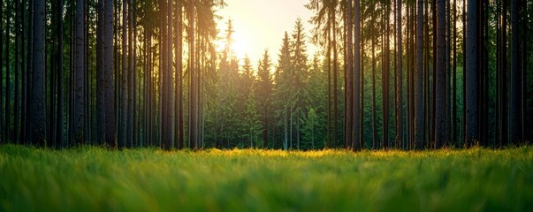 A serene forest clearing with sunlight streaming through the trees