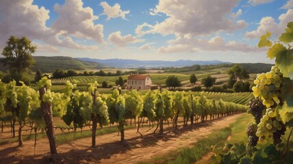 Fototapeta premium A sprawling vineyard with lush grapevines and a picturesque summer sky