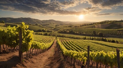Fototapeta premium A sprawling vineyard with lush grapevines and a picturesque summer sky