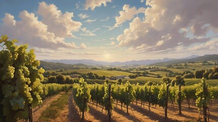 Naklejka premium A sprawling vineyard with lush grapevines and a picturesque summer sky