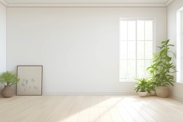Indoor plants on wooden floor with white wall background