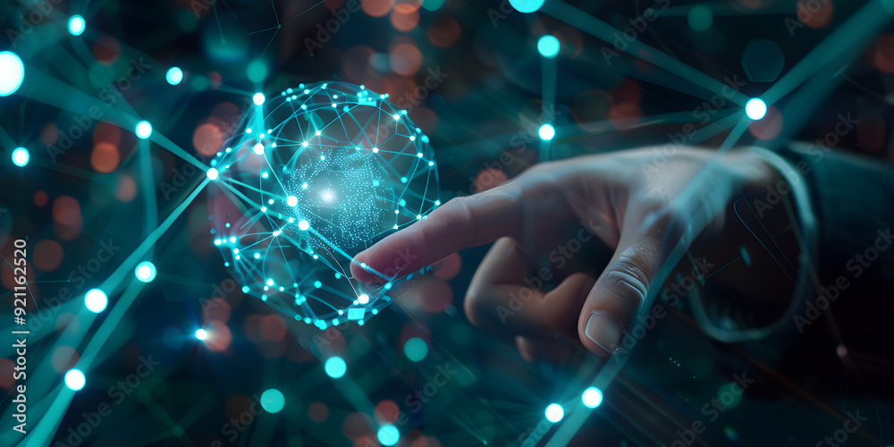 Poster digital technology, internet global network connection, data exchange concept. a person touching on 