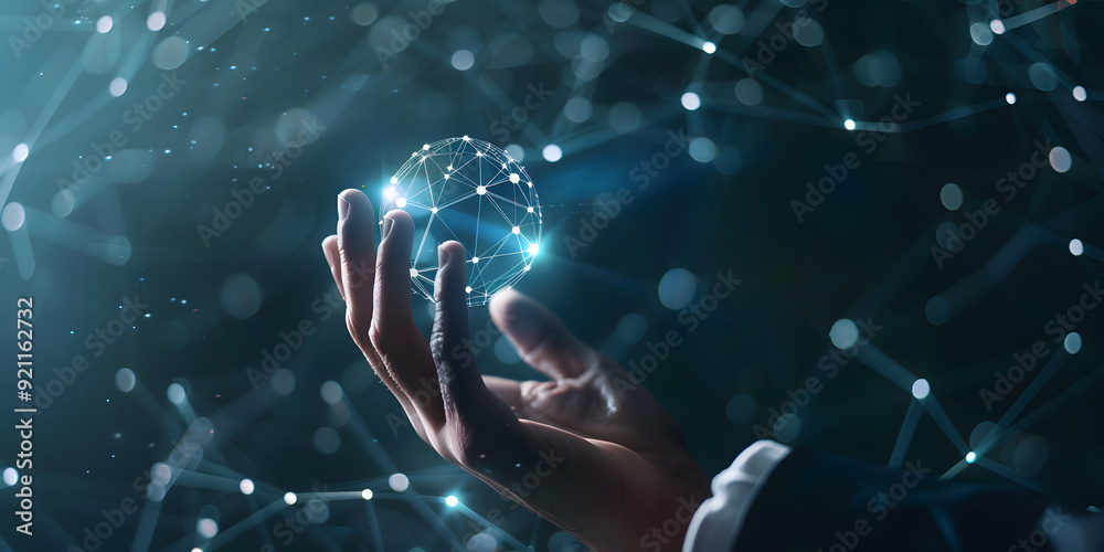 Poster digital technology, internet global network connection, data exchange concept. a person touching on 