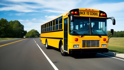 Back to school. A big yellow bus is standing on road. The concept of education created with generative ai	