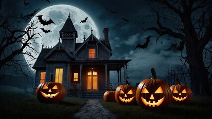 Holiday Decorated House Halloween. Night scene, backlight, shadow. Halloween haunted house under the moon