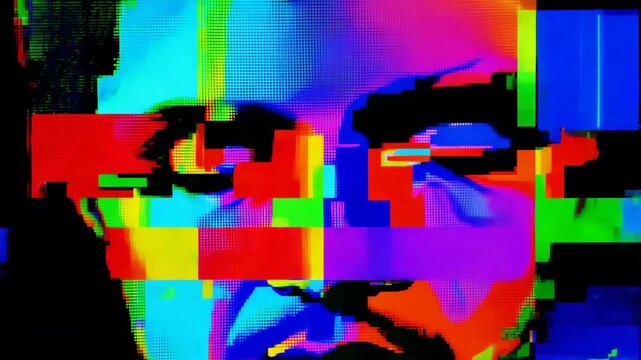 Abstract glitch portrait, man's face. Pixelated distortions and retro internet aesthetics. Retrowave, synthwave, retro. Cyberpunk aesthetics. Facial recognition technology.