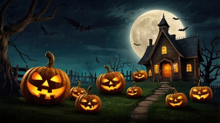 Holiday Decorated House Halloween. Night scene, backlight, shadow. Halloween haunted house under the moon