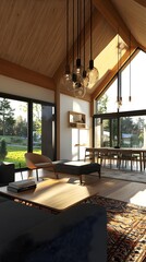 Modern Living Room Interior Design With Wooden Ceiling Beams