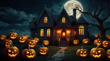 Holiday Decorated House Halloween. Night scene, backlight, shadow. Halloween haunted house under the moon