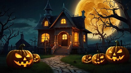 Holiday Decorated House Halloween. Night scene, backlight, shadow. Halloween haunted house under the moon