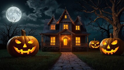 Holiday Decorated House Halloween. Night scene, backlight, shadow. Halloween haunted house under the moon