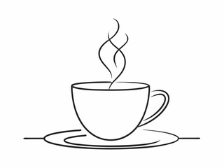 continuous single line drawing of cup with steaming hot coffee or tea, line art vector illustration
