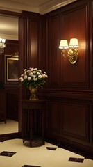 Classic Interior Design With Wooden Paneling and Floral Arrangement