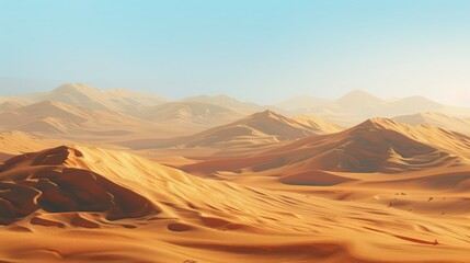 Naklejka premium The vast desert landscape stretches endlessly, with rolling dunes and a sun-baked horizon, showcasing