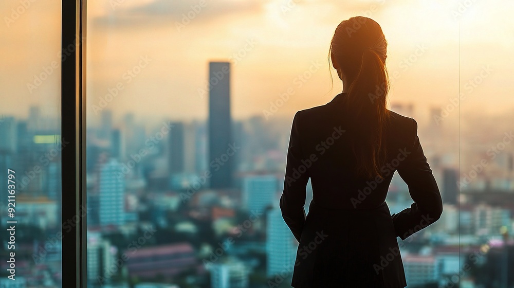 Poster Silhouette of a Businesswoman Looking Out Over the City at Sunset: A silhouette of a businesswoman in a suit stands with her back to the camera