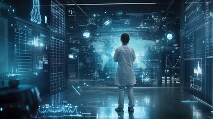Scientist analyzing data in a futuristic lab with holographic displays at night