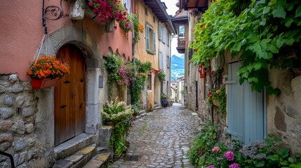 Charming narrow cobblestone street adorned with vibrant flowers in a quaint village setting. Perfect ambiance for a peaceful stroll. 