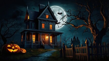 Holiday Decorated House Halloween. Night scene, backlight, shadow. Halloween haunted house under the moon