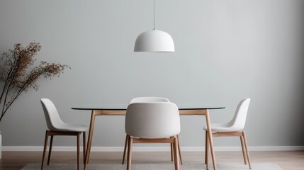 This image features a modern and sleek dining area with four white chairs and a stylish glass table, showcasing minimalist interior design elements for a clean, sophisticated look.