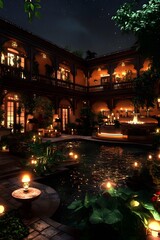 Nighttime Courtyard with Pool and Lights