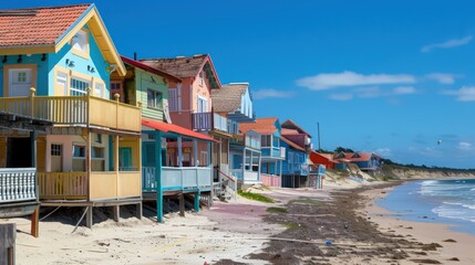 Obraz premium The vibrant coastline is dotted with colorful beach houses and bustling boardwalks,