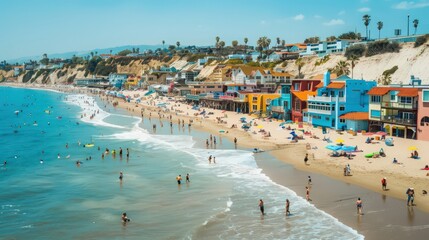 Obraz premium The vibrant coastline is dotted with colorful beach houses and bustling boardwalks,