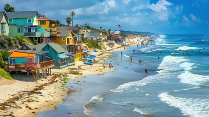 Obraz premium The vibrant coastline is dotted with colorful beach houses and bustling boardwalks,