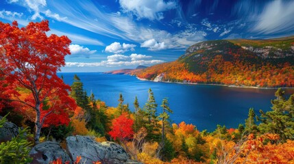 The vibrant colors of Acadia National Park's autumn foliage, with its stunning mix of red, orange, and yellow leaves