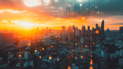 Fototapeta premium Smart digital city with connection network that is at the cutting edge of innovation in technology and business with bright, modern skyscrapers. Backgrounds for technology and charts and graphs