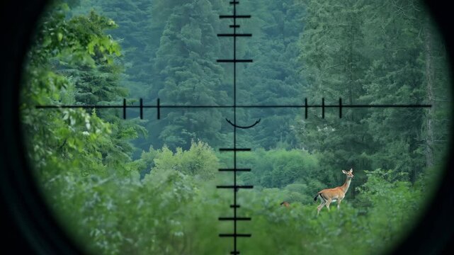 Sight of gun aimed at roe deer. Look through binoculars on deer. Hunter watches game pov. Concept of hunting. Animals in wild forest. Herd of roebuck in natural habitat. Green wood. Man point of view.