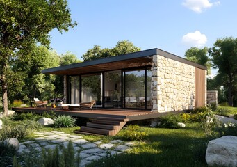 Obraz premium Modern Stone and Wood Exterior House Design