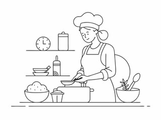 continuous single line drawing of woman preparing food in kitchen, line art vector illustration
