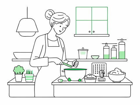 recommend clip art: continuous single line drawing of woman preparing food in kitchen, line art vector illustration
                    