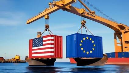 USA & European Union trade war concept, port crane lift cargo containers. with American flag and European Union flag created with generative ai	