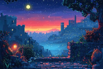 Fototapeta premium Pixelated cityscape at twilight with a full moon and stars.