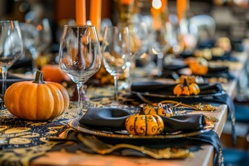 An elegant table setting for a Halloween celebration in a cozy restaurant, featuring pumpkins, candles, and fall decor.