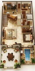 Top View 3D Illustration of a Modern House Floor Plan with Swimming Pool