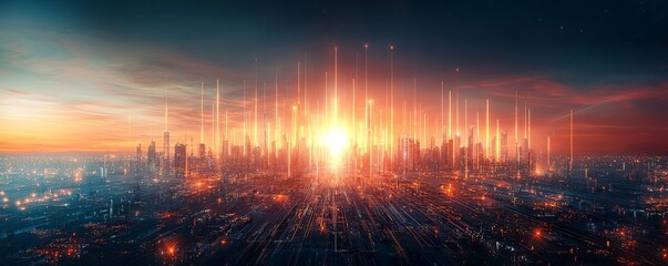 Fototapeta premium A futuristic energy facility where fission reactors power a vast network of supply chains, ensuring a steady flow of resources to a thriving metropolis