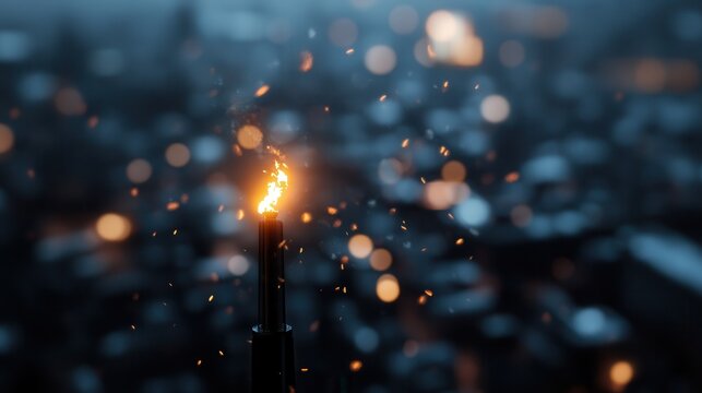 A lone torch illuminates the rooftop with a cityscape view in the background. The burning flame creates a striking contrast against the twilight sky, evoking a sense of solitude.