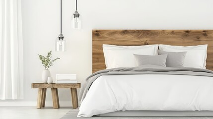 A serene and modern bedroom featuring a wooden headboard, soft linens, and elegant pendant lighting, creating a calming atmosphere.