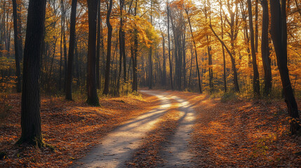 Fototapeta premium Sunlit Autumn Forest Path, Golden Foliage, Tranquil Morning Walk