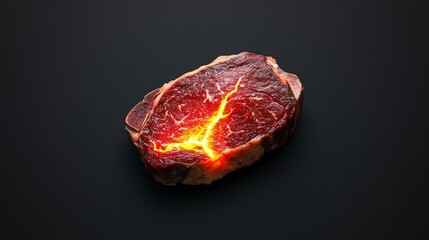 Fototapeta premium A striking raw steak with a vibrant marbling and glowing center, showcasing the rich textures and colors of high-quality beef.
